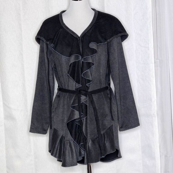 Samuel Dong Two Tone Gray Ruffle Button Front Belted Hooded Sweater Jacket Coat - Picture 1 of 13